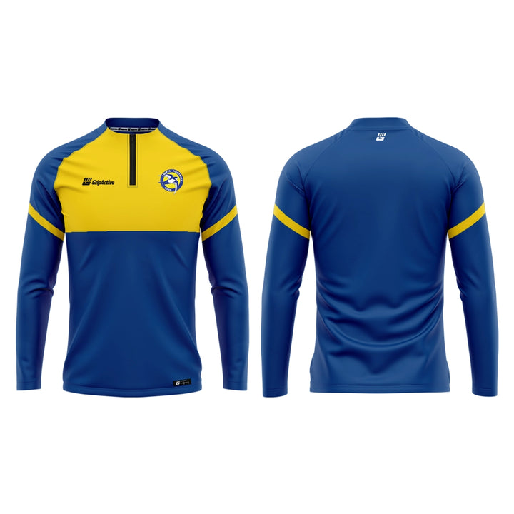 Blue and yellow long-sleeve sports jersey with brand logo on a white background